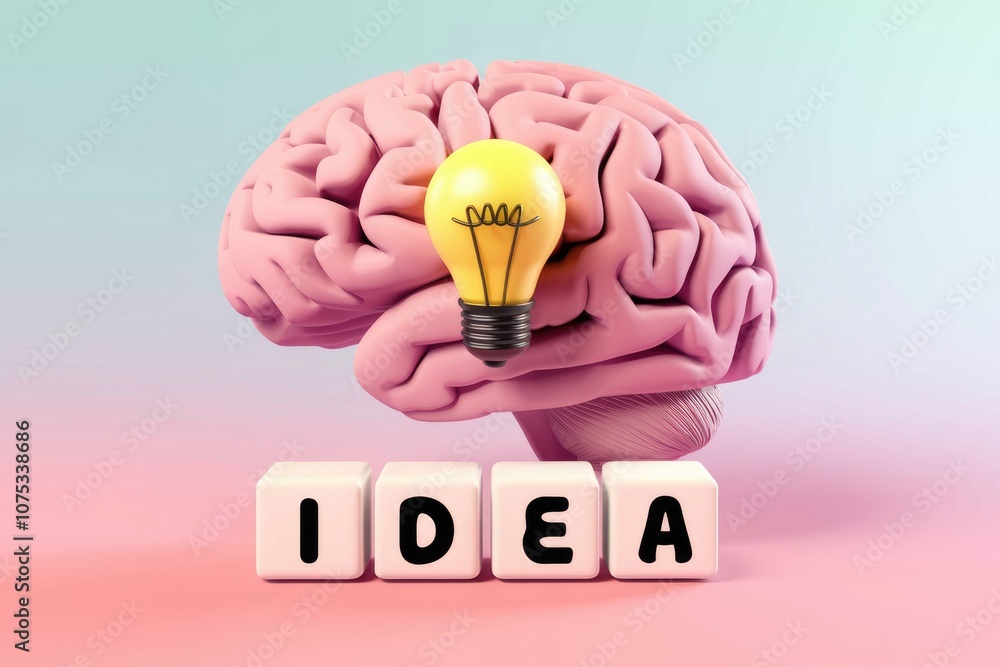 Poster a brain with a light bulb above it spelling out the word idea.