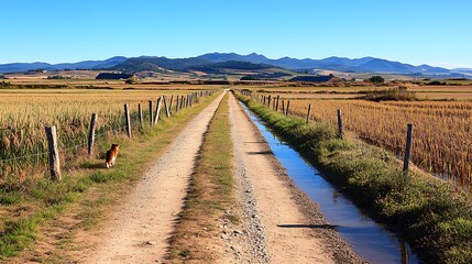 Obraz premium A lone cat walks down a dirt path through a rural landscape with mountains in the distance.