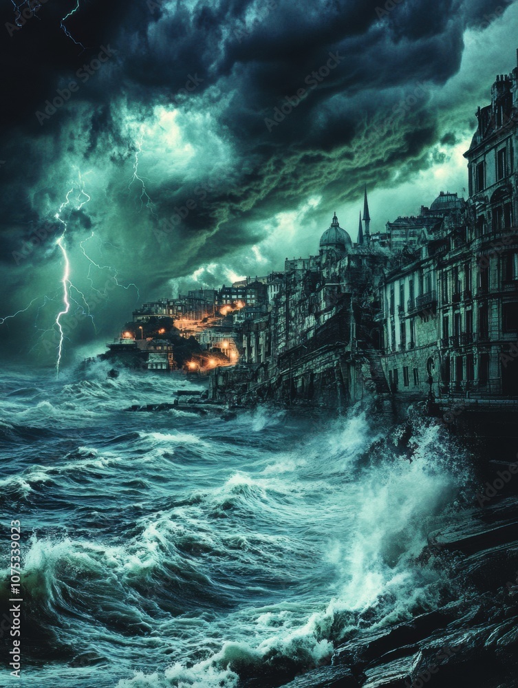 Poster thunder rumbles as dark clouds gather over the coastal city, with waves crashing violently and light