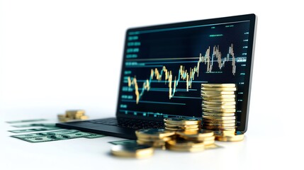 Laptop displaying stock market trends with gold coins and cash on a white background.