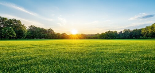 Pollution free and clean air sunset over a lush green field, capturing the beauty of nature and tranquility in the outdoor environment.