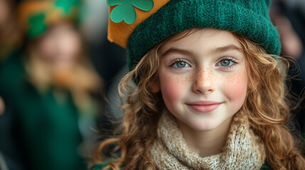 St. Patrick’s Day parade with people dressed in green, waving Irish flags