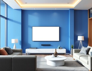 modern living room with tv with blue wall background