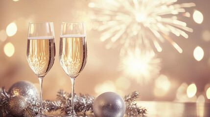 Two champagne glasses with sparkling bubbles, festive decor, and a glowing background of fireworks. Perfect for celebration, holiday, or New Year's Eve themes