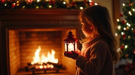 Little Girl Holding a Lantern in Front of a Christmas-Decorated Fireplace in a Drawing Room.