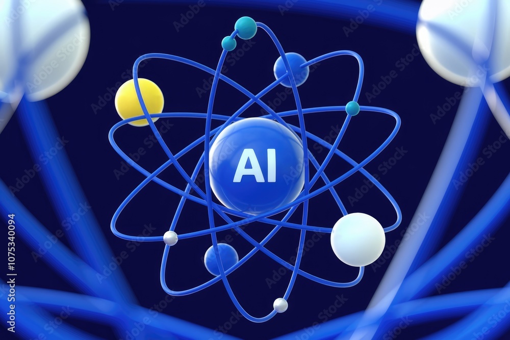 Poster 3d model of ai atom with blue orbits and colorful spheres