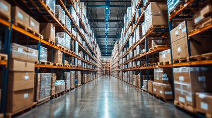 Fototapeta premium Rows of Cardboard Boxes on Shelves in a Large Warehouse