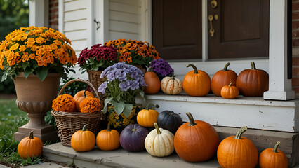 Orange and purple gourds and pumpkins in a basket, pumpkins and gourds in a garden, Halloween flowers and pumpkins on the front porch, and an autumn banner