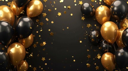 Black and Golden Balloons with Golden Confetti on a Black Background.