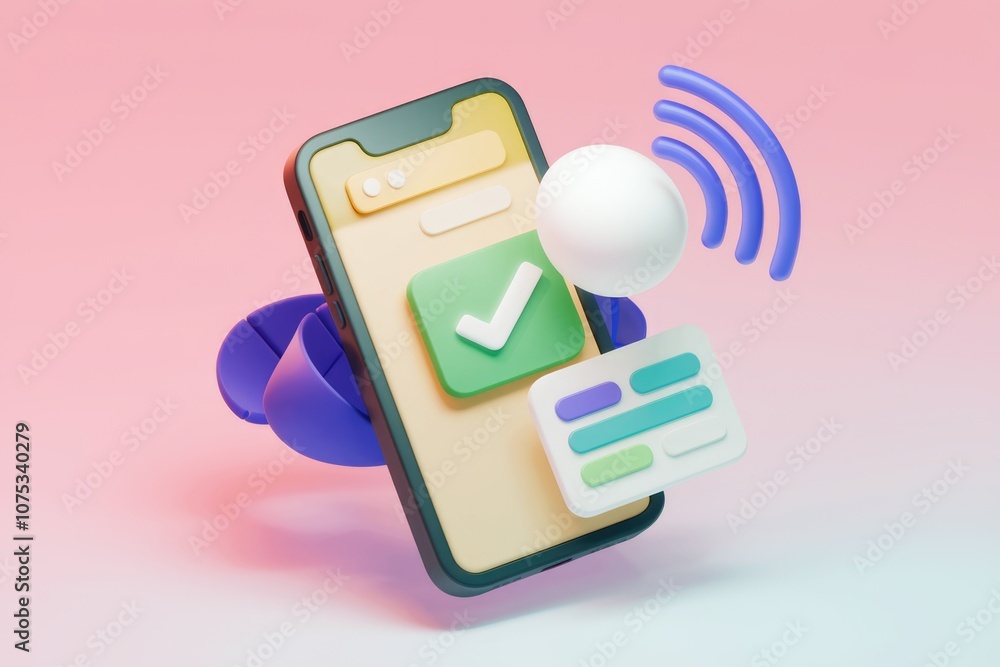 Poster 3d illustration of a smartphone with a checkmark and a wifi signal