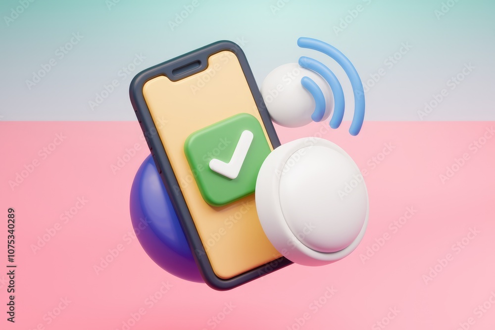 Aufkleber smartphone with checkmark spheres and wifi symbol in 3d.