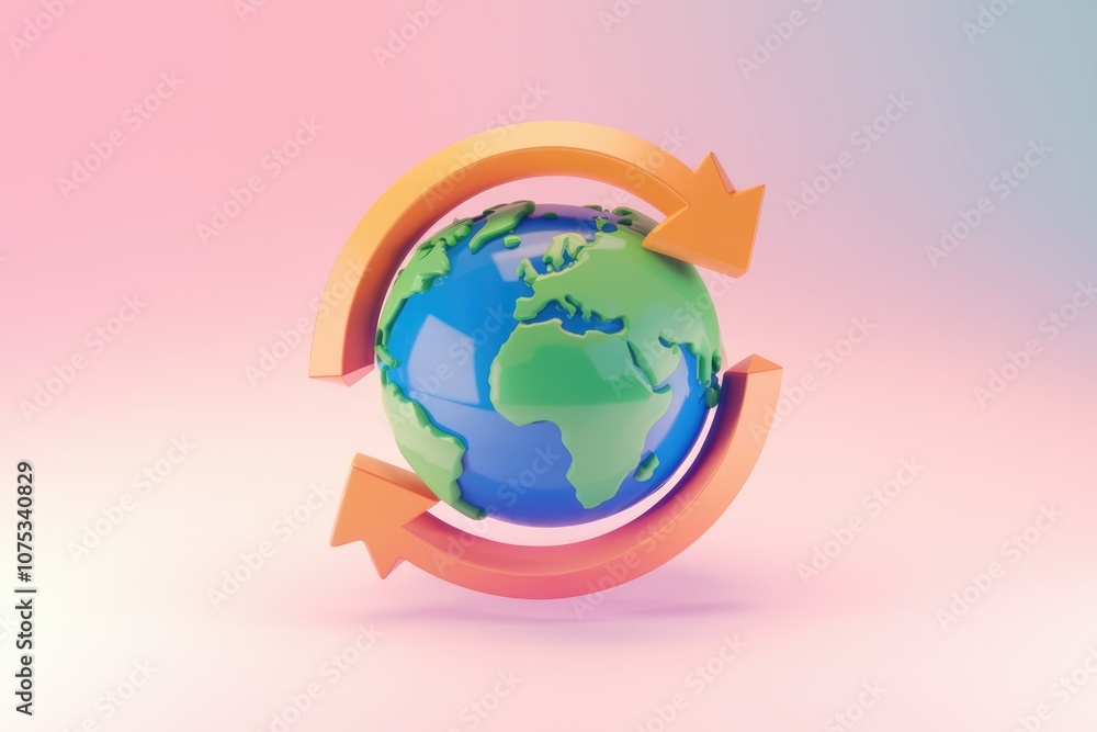 Poster 3d illustration of a globe surrounded by arrows symbolizing global interconnectedness.