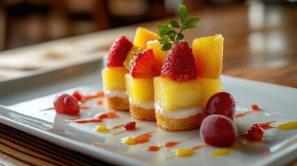 Delicious dessert featuring a delightful blend of strawberries grapes oranges and pineapples beautifully arranged on a white plate
