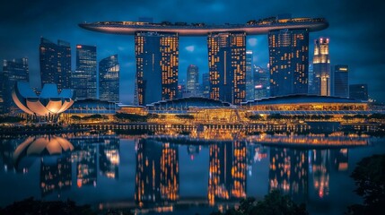 Fototapeta premium Marina Bay Sands at Blue Hour: Stunning Reflection of Singapore City. AI generated illustration