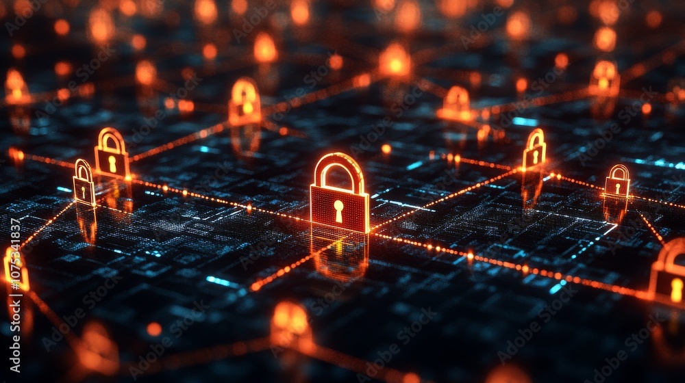 Poster glowing padlocks connected by red lines on a digital network