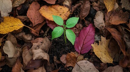 Obraz premium A vibrant green seedling surrounded by fallen autumn leaves, showing the contrast between new life and the changing seasons.