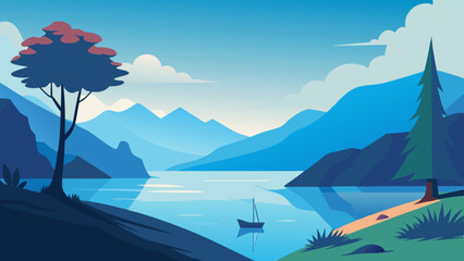 Landscape with a calm lake surrounded by hills and mountains. Vector illustration 