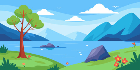 Obraz premium Landscape with a calm lake surrounded by hills and mountains. Vector illustration 