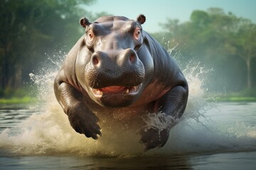 Fototapeta premium Happy hippopotamus jumping and having fun.