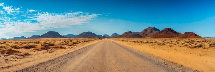 Panoramic view of a realistic desert road in Namibia. AI generated illustration