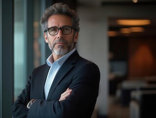 Fototapeta premium a mature financier businessman thoughtfully gazing at the camera, arms crossed, projecting confidence and experience within a sophisticated office environment