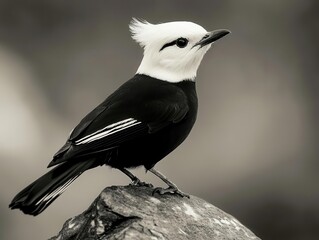 a monochrome portrait of a striking black and white bird with a distinctive white head perched against a muted backdrop, highlighting its elegant features and simplicity in nature