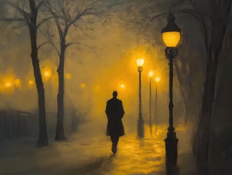 a mysterious silhouette of a lone man walking under the dim glow of street lights on a foggy night, creating an atmosphere of intrigue and enigma in the urban landscape