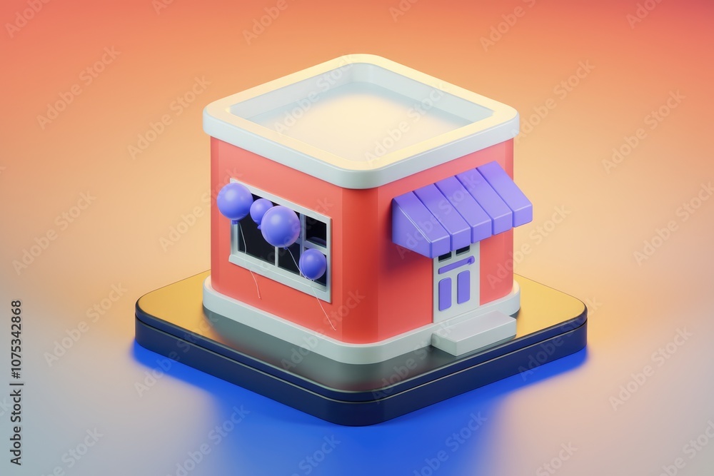 Poster a 3d rendering of a small red shop with a purple awning and balloons in the window
