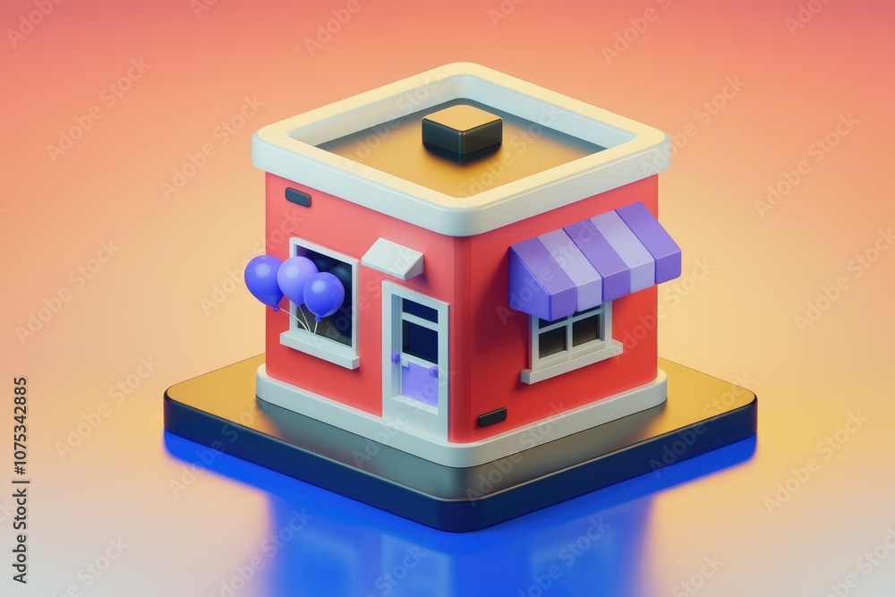Poster A 3D rendering of a small red building with a purple awning and balloons.