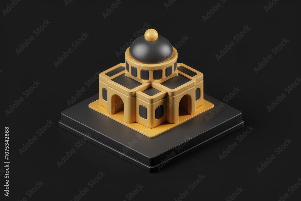 Aufkleber a 3d model of a yellow building with a black dome arches and windows.