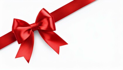 Red bow realistic shiny satin and ribbon place on corner of paper with shadow vector EPS10 isolated on white background