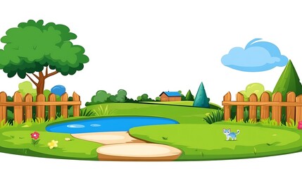 Fototapeta premium A Cartoon Backyard with a Cat, Pond, and Wooden Fences
