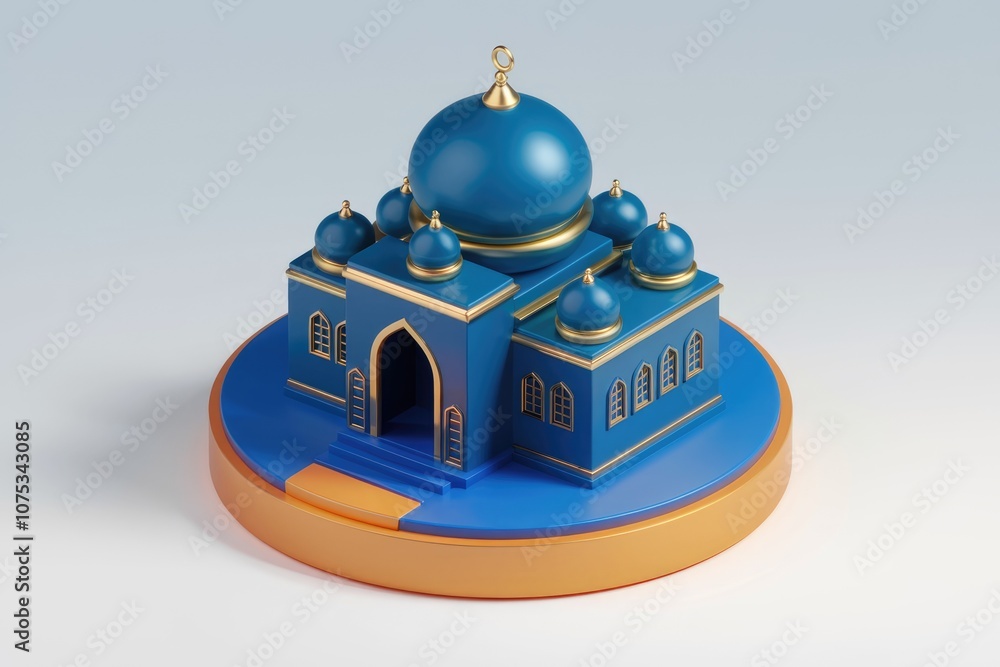 Poster a 3d rendering of a blue mosque with golden accents isolated on a white background.