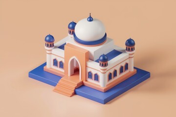 A 3D rendering of a mosque with a white dome and blue accents.