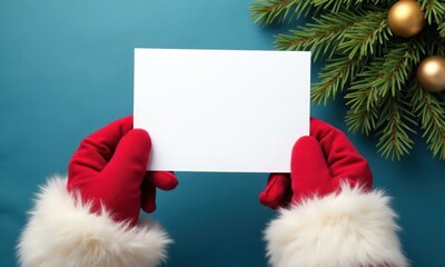 Man is holding white card on blue Christmas background. The card is empty, and the man is wearing red gloves