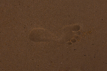 Background is a close-up of a footprint on the sand on the beach, with a sand texture. Sandy beach by the sea. A deserted area. Realistic seamless illustration with fine details.