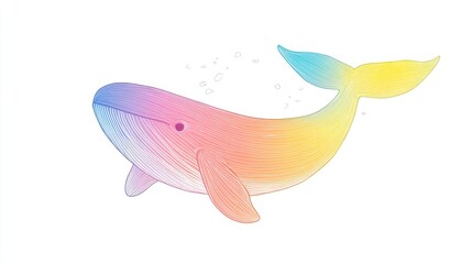 Line art illustration featuring a rainbow gradient drawing of a cheerful cartoon whale