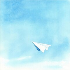 Simple watercolor of a paper airplane flying through a clear blue sky, soft and minimal, flying objects, childlike joy