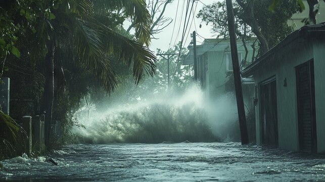 Hurricane impacting a tropical island with water waves hitting houses. AI generated illustration