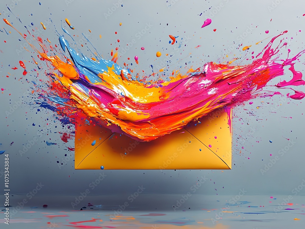 Poster A yellow envelope exploding with colorful paint.