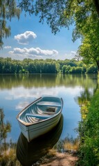 Tranquil Reflection: A Scenic Boat on a Serene Lake Surrounded by Lush Greenery