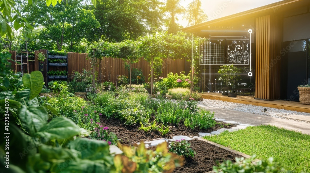 Poster this smart garden is equipped with soil sensors and automated sprinklers, flourishing with diverse p