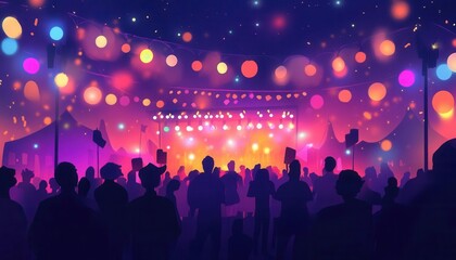 Cartoon illustration of festivalgoers at a nighttime concert under bright lights, festival, live music energy