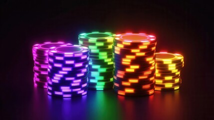 Animated poker chips stacking up in bright neon colors, 3D cartoon style, gambling, success in gaming