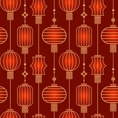 Seamless pattern of Chinese paper Hanging lantern Denglong. Good luck knot. Chinese New Year, Mid-Autumn Festival. Flat minimalistic geometric design. fabric, wrapping, background.