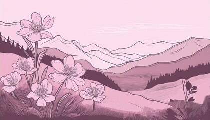 산에 핀 봄꽃 배경이 분홍색으로 간결하게 표현되어 있다. 동양화