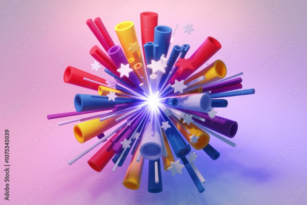 Poster colorful 3d tubes exploding with stars vibrant abstract art.