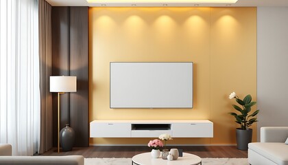 modern living room with tv with gold wall background
