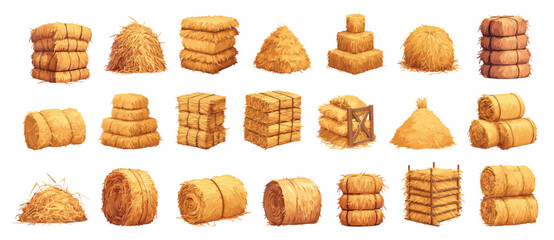Cartoon hay bales. Haystack in rolls squares heaps piles, farm dry grass harvesting set vector illustration
