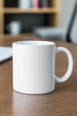 Fototapeta premium blank coffee mug on wooden office desk, perfect for branding